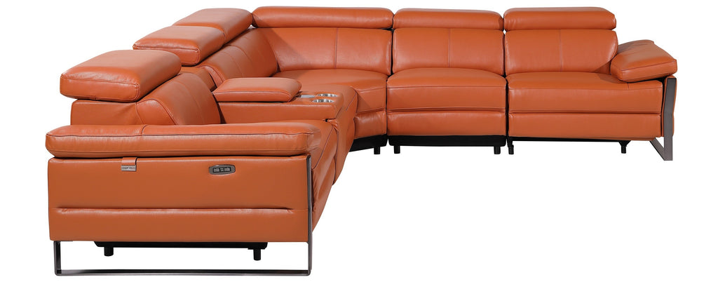 Global United 1246CM-6PC 6 pc Divan camel italian leather power reclining sectional sofa power adjustable headrests wireless charging