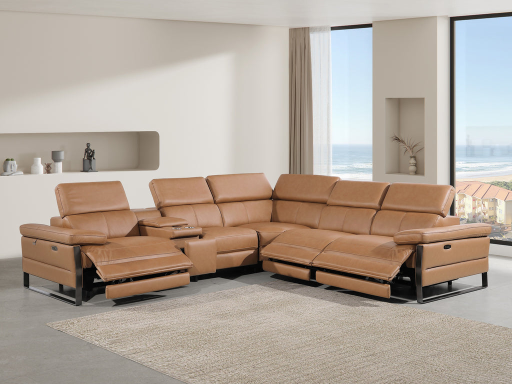 Global United 1246CG-6PC 6 pc Divan cognac italian leather power reclining sectional sofa power adjustable headrests wireless charging
