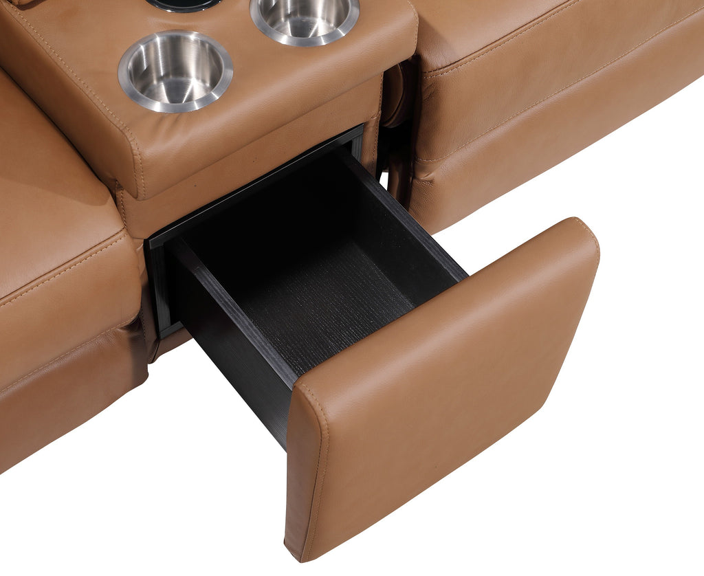 Global United 1246CG-6PC 6 pc Divan cognac italian leather power reclining sectional sofa power adjustable headrests wireless charging