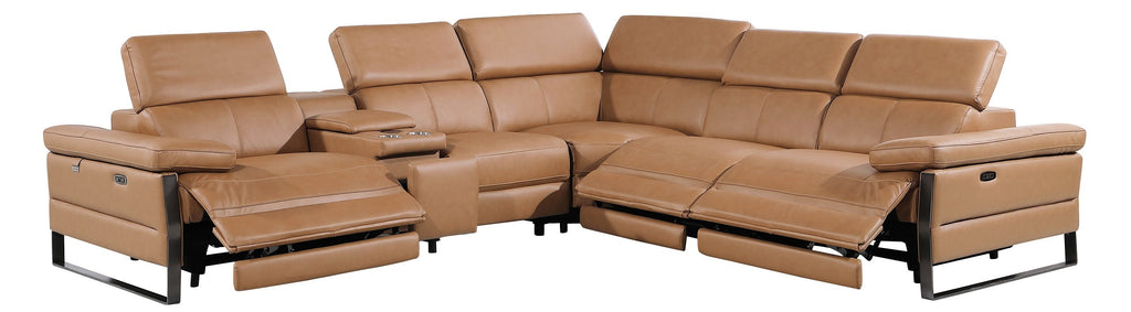 Global United 1246CG-6PC 6 pc Divan cognac italian leather power reclining sectional sofa power adjustable headrests wireless charging