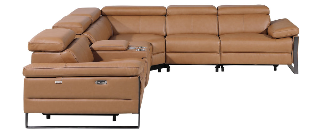 Global United 1246CG-6PC 6 pc Divan cognac italian leather power reclining sectional sofa power adjustable headrests wireless charging