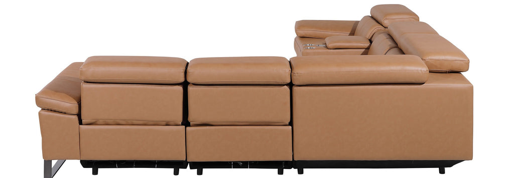 Global United 1246CG-6PC 6 pc Divan cognac italian leather power reclining sectional sofa power adjustable headrests wireless charging