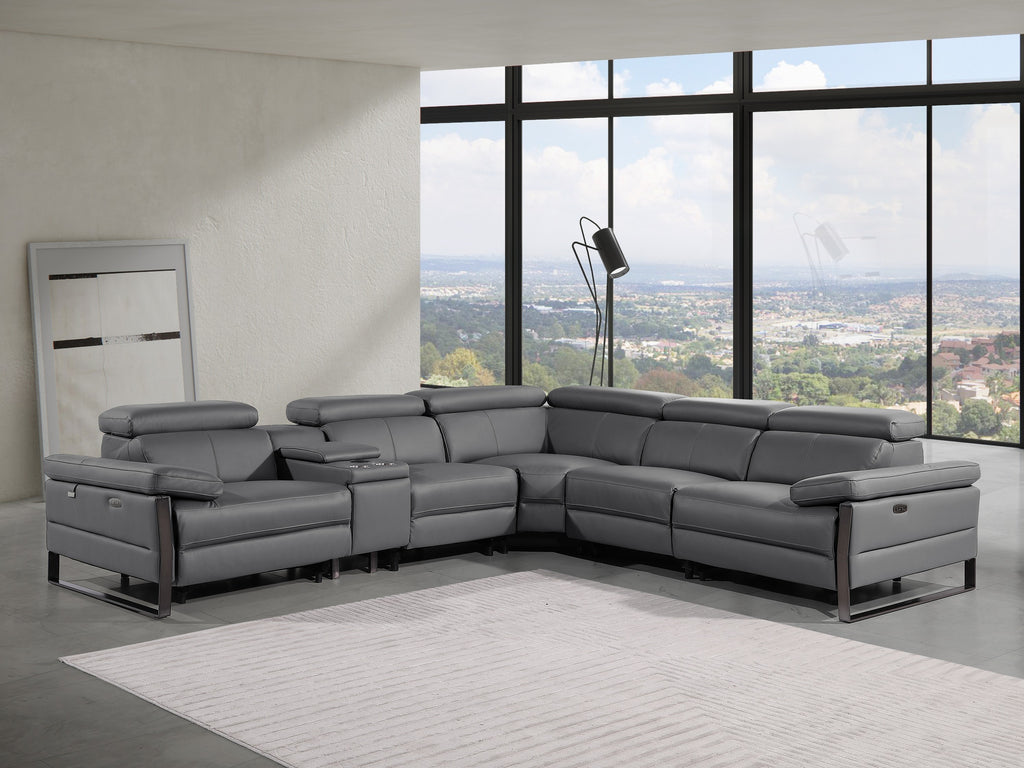 Global United 1246DG-6PC 6 pc Divan dark grey italian leather power reclining sectional sofa power adjustable headrests wireless charging