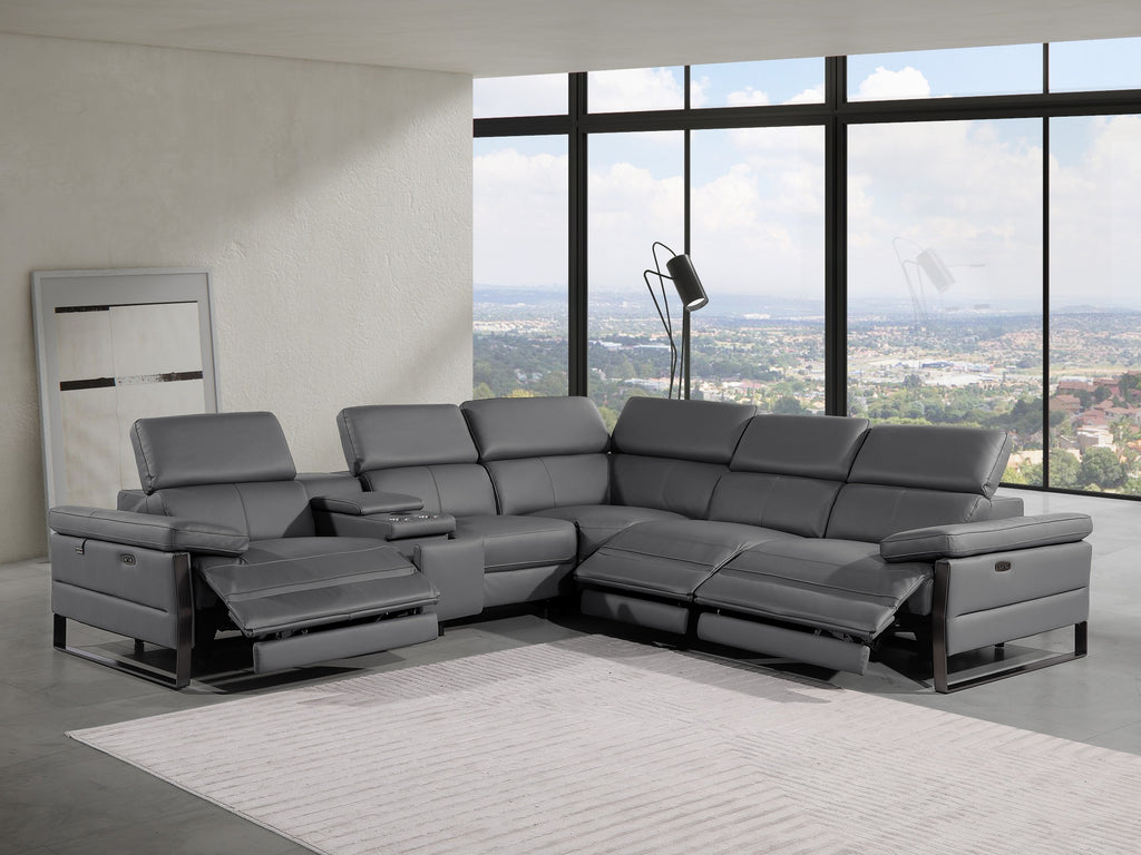 Global United 1246DG-6PC 6 pc Divan dark grey italian leather power reclining sectional sofa power adjustable headrests wireless charging