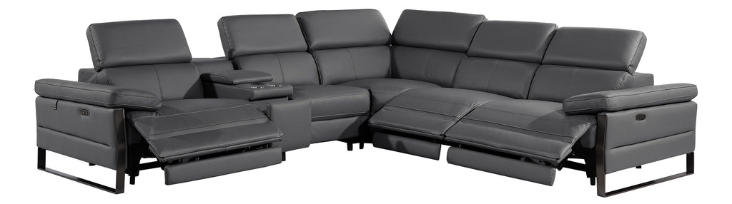 Global United 1246DG-6PC 6 pc Divan dark grey italian leather power reclining sectional sofa power adjustable headrests wireless charging