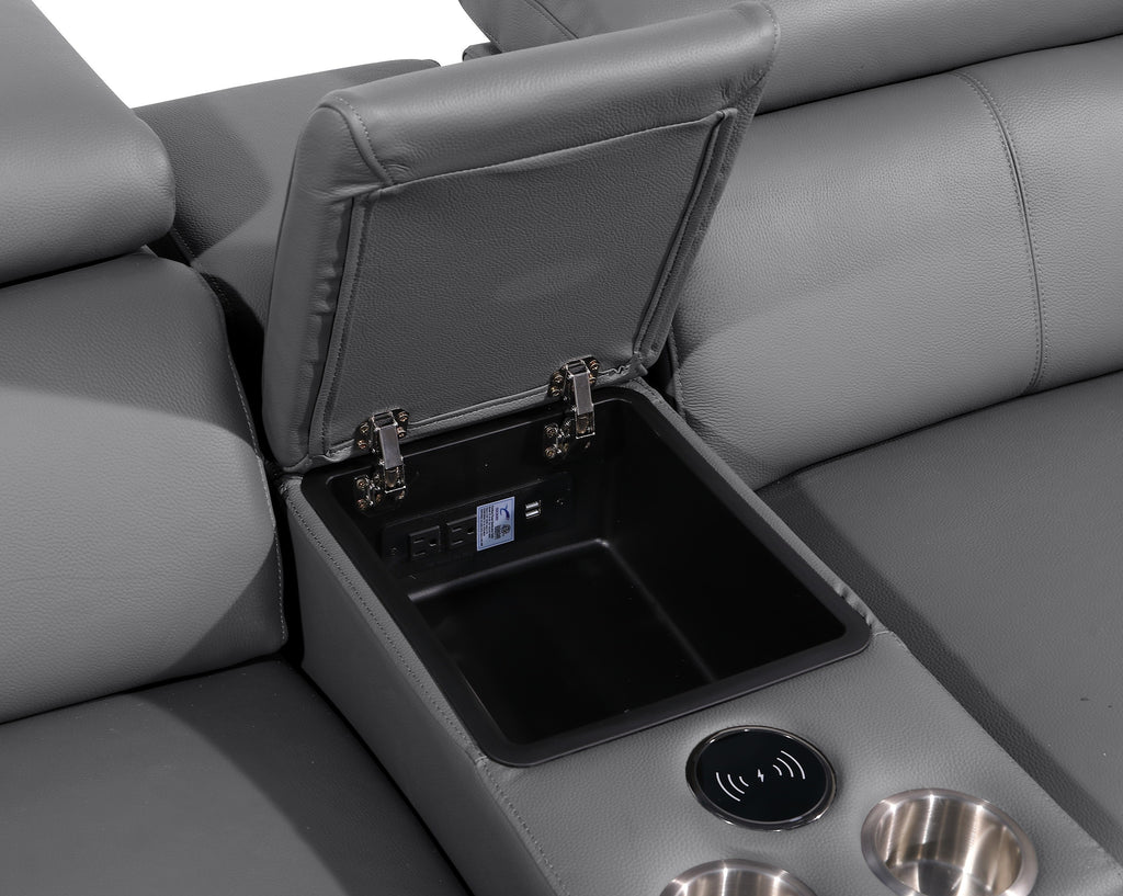 Global United 1246DG-6PC 6 pc Divan dark grey italian leather power reclining sectional sofa power adjustable headrests wireless charging