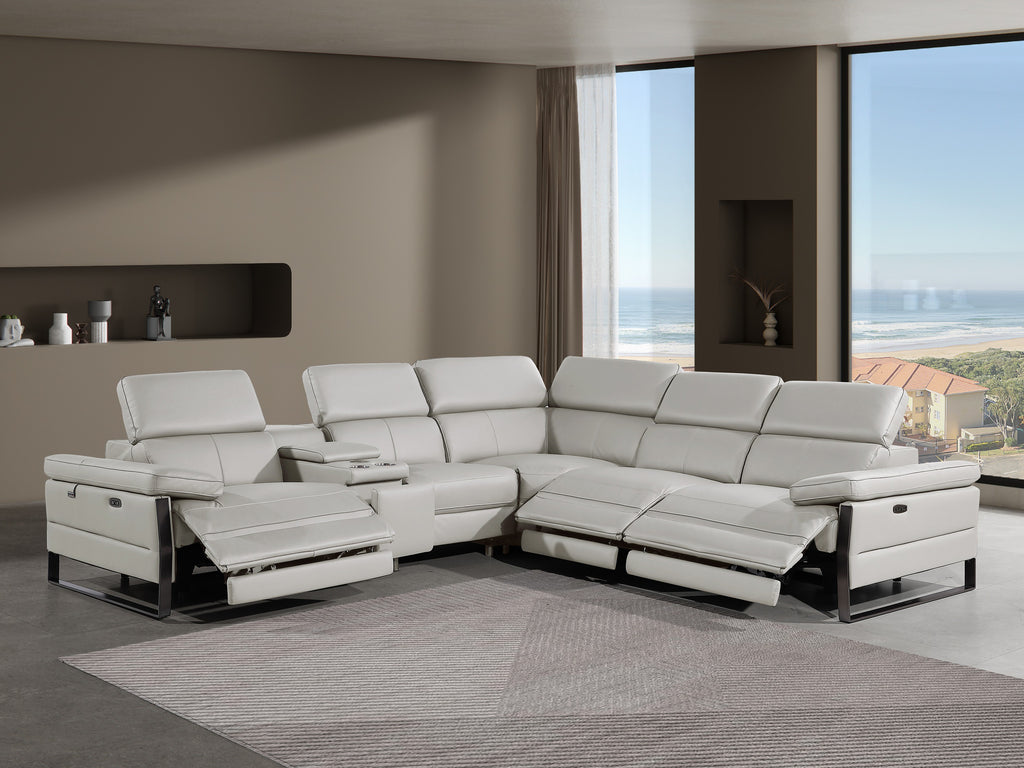 Global United DivanItalia Light Grey Italian Leather 6-Piece Power Reclining Sectional Sofa with Power Adjustable Headrests and Wireless Charging – 1246LG-6PC