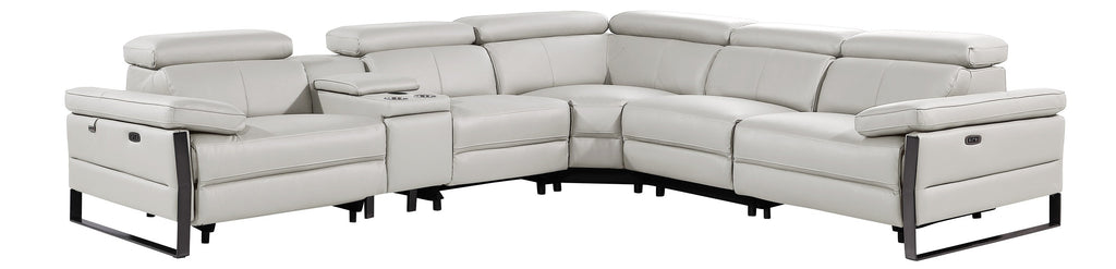 Global United DivanItalia Light Grey Italian Leather 6-Piece Power Reclining Sectional Sofa with Power Adjustable Headrests and Wireless Charging – 1246LG-6PC
