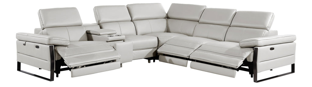 Global United DivanItalia Light Grey Italian Leather 6-Piece Power Reclining Sectional Sofa with Power Adjustable Headrests and Wireless Charging – 1246LG-6PC