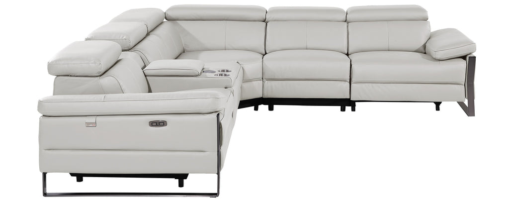 Global United DivanItalia Light Grey Italian Leather 6-Piece Power Reclining Sectional Sofa with Power Adjustable Headrests and Wireless Charging – 1246LG-6PC