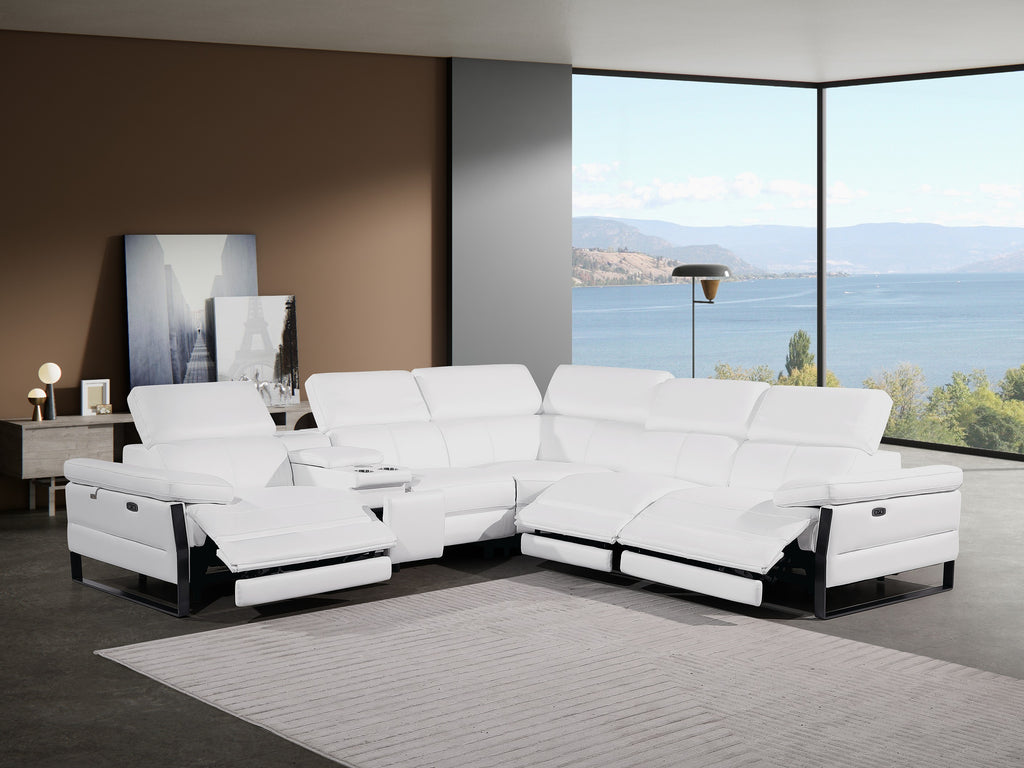 Global United DivanItalia White Italian Leather 6-Piece Power Reclining Sectional Sofa with Power Adjustable Headrests and Wireless Charging – 1246WH-6PC