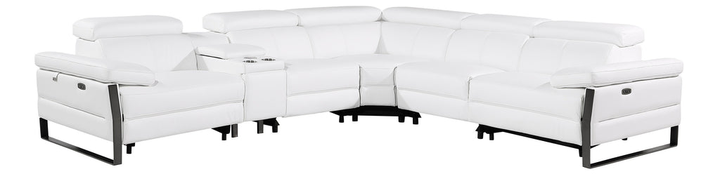 Global United DivanItalia White Italian Leather 6-Piece Power Reclining Sectional Sofa with Power Adjustable Headrests and Wireless Charging – 1246WH-6PC