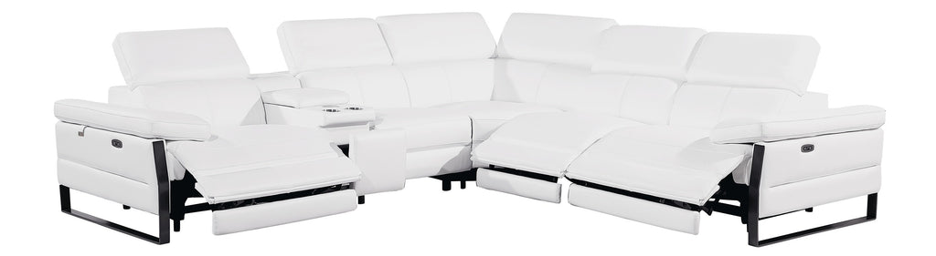 Global United DivanItalia White Italian Leather 6-Piece Power Reclining Sectional Sofa with Power Adjustable Headrests and Wireless Charging – 1246WH-6PC