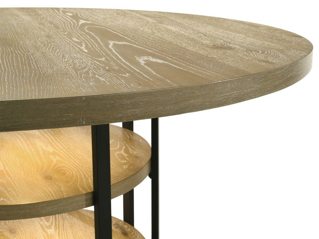 30045-7PC 7 pc Eden rutic oak finish wood 59" round dining table set black metal frame LED lighting