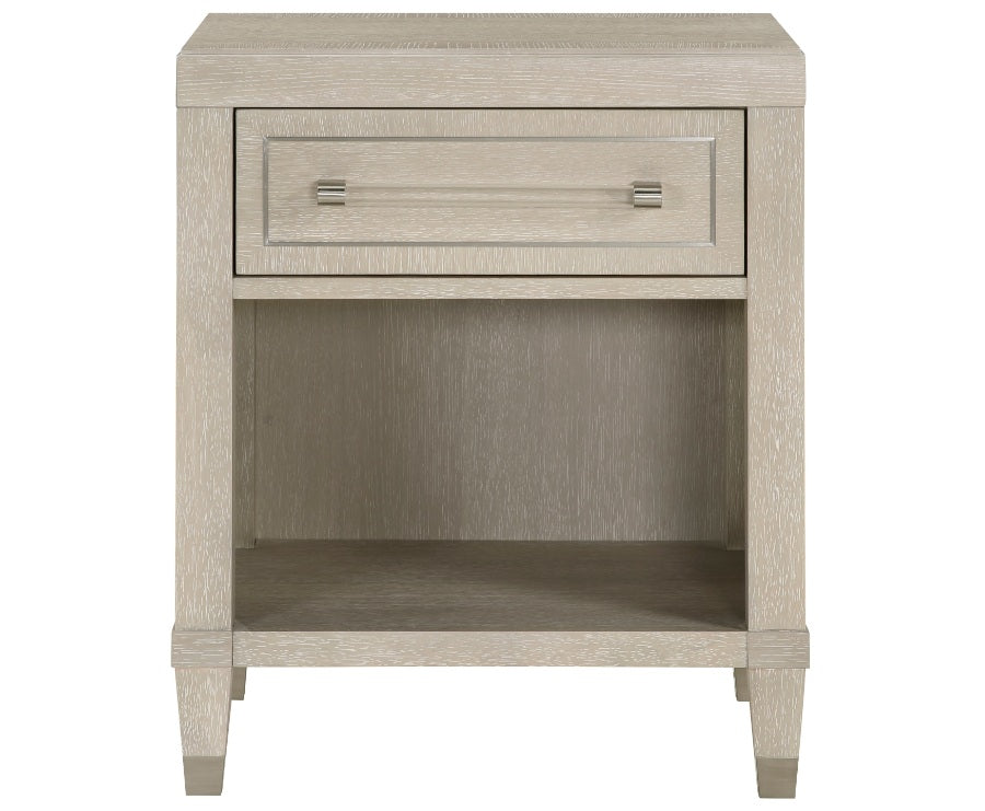 1312-4PC 4 pc Genoa light oak finish wood tufted ivory chenille fabric queen bedroom set storage drawers in footboard