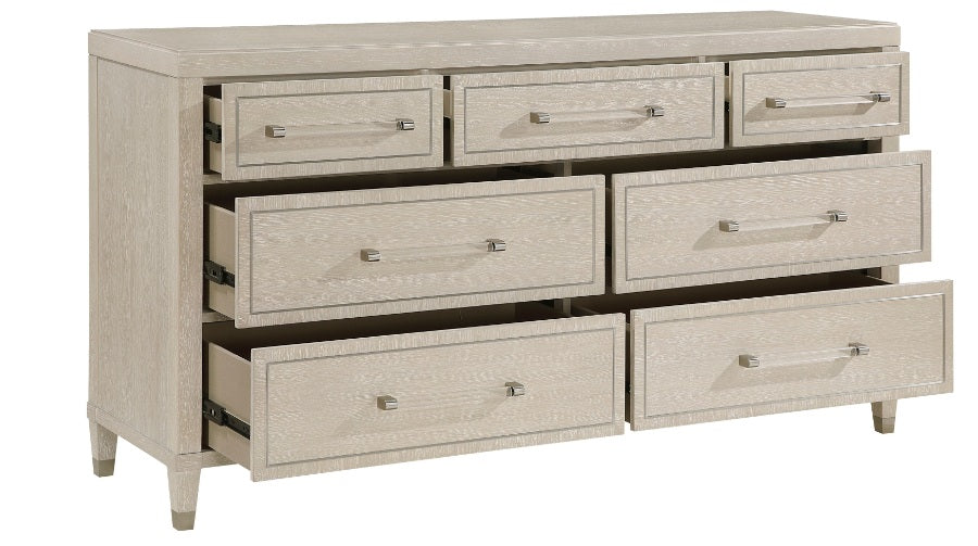 1312-4PC 4 pc Genoa light oak finish wood tufted ivory chenille fabric queen bedroom set storage drawers in footboard