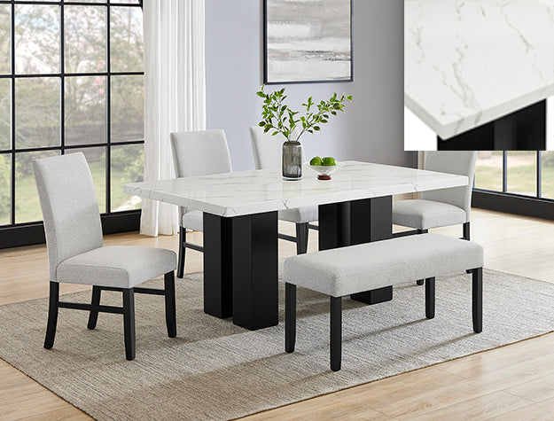 Parkside 6-Piece Dark Wood & White Faux Marble Top Dining Table Set with Bench – 1312T-6PC