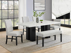 Parkside 6-Piece Dark Wood & White Faux Marble Top Dining Table Set with Bench – 1312T-6PC