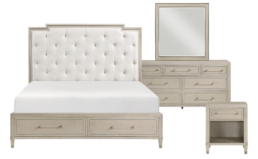 1312-4PC 4 pc Genoa light oak finish wood tufted ivory chenille fabric queen bedroom set storage drawers in footboard