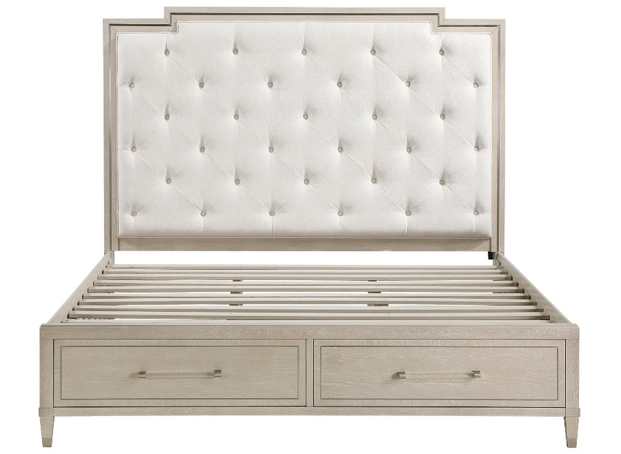 1312-4PC 4 pc Genoa light oak finish wood tufted ivory chenille fabric queen bedroom set storage drawers in footboard