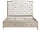 1312-4PC 4 pc Genoa light oak finish wood tufted ivory chenille fabric queen bedroom set storage drawers in footboard