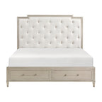 1312-4PC 4 pc Genoa light oak finish wood tufted ivory chenille fabric queen bedroom set storage drawers in footboard