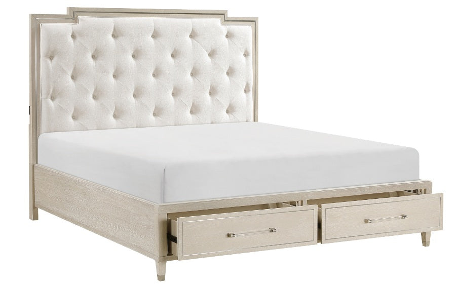 1312-4PC 4 pc Genoa light oak finish wood tufted ivory chenille fabric queen bedroom set storage drawers in footboard