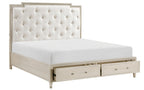 1312-4PC 4 pc Genoa light oak finish wood tufted ivory chenille fabric queen bedroom set storage drawers in footboard