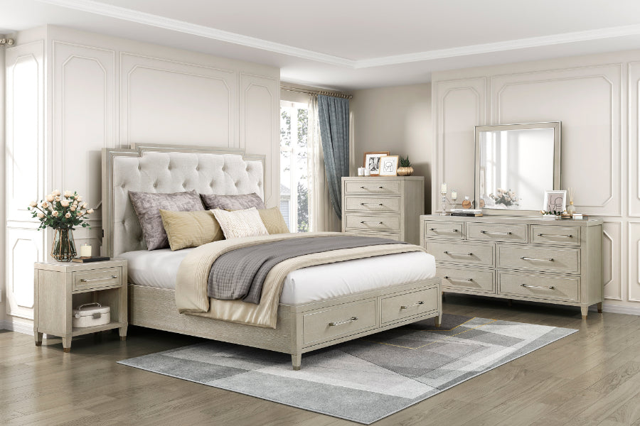 1312-4PC 4 pc Genoa light oak finish wood tufted ivory chenille fabric queen bedroom set storage drawers in footboard