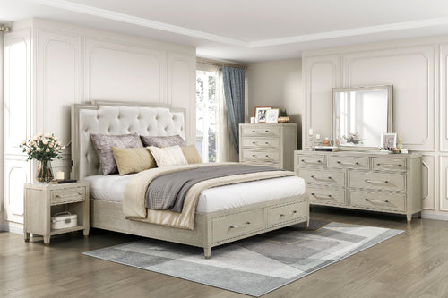 1312-4PC 4 pc Genoa light oak finish wood tufted ivory chenille fabric queen bedroom set storage drawers in footboard