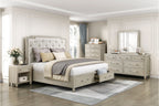 1312-4PC 4 pc Genoa light oak finish wood tufted ivory chenille fabric queen bedroom set storage drawers in footboard
