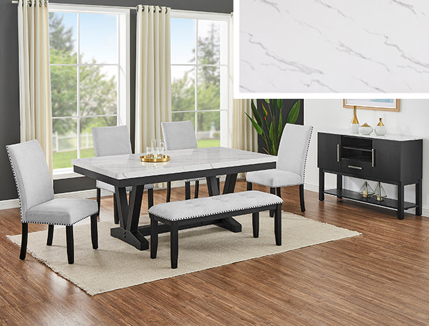 1319T-20DV-6PC 6 pc Varley black finish wood and white faux marble top dining table set with bench