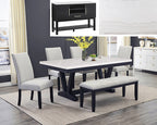 1320TDV-6PC 6 pc Varley black finish wood and white real marble top dining table set with bench