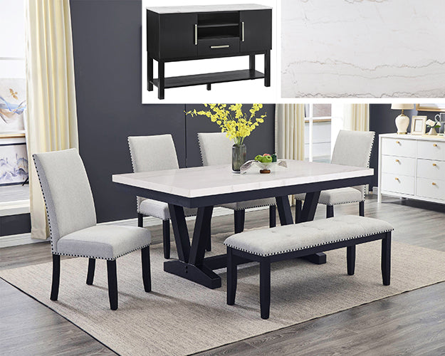 1320TDV-6PC 6 pc Varley black finish wood and white real marble top dining table set with bench