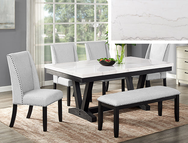 1320T-6PC 6 pc Varley black finish wood and white real marble top dining table set with bench