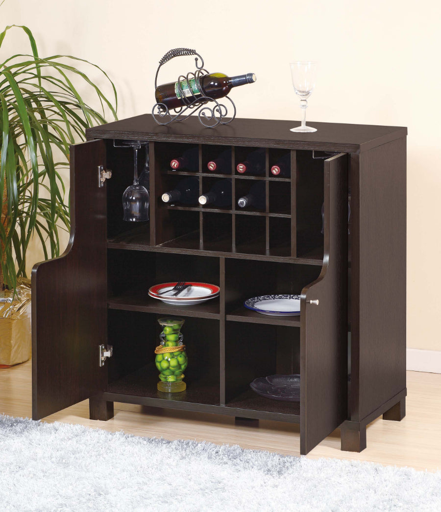 13805 Red cocoa finish wood and bar / wine cabinet buffet server with bottle racks and glass holders