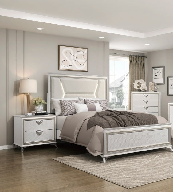 Homelegance 1383-4PC 4 pc Audra white and gold finish wood LED accent lighted headboard queen bedroom set