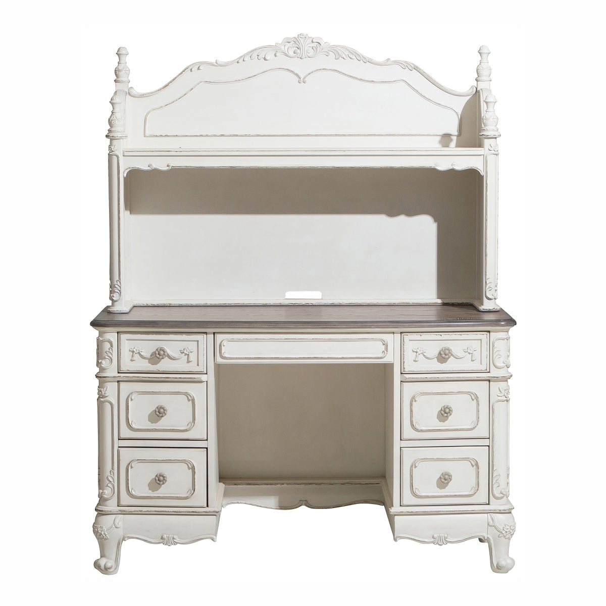 Homelegance 1386NW-10 Cinderella antique white and grey rub thru finish wood writing desk and hutch with shelves and drawers