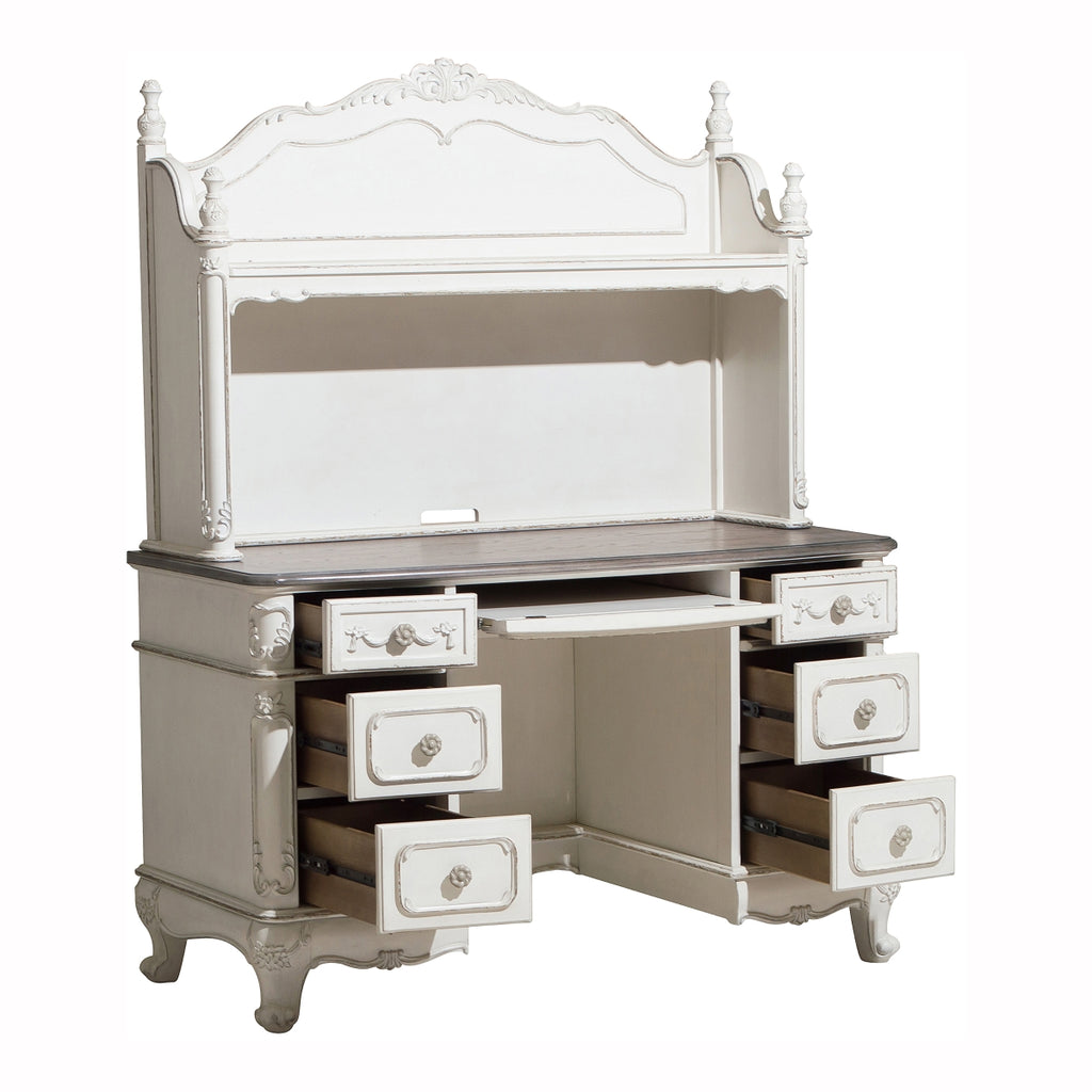 Homelegance 1386NW-10 Cinderella antique white and grey rub thru finish wood writing desk and hutch with shelves and drawers