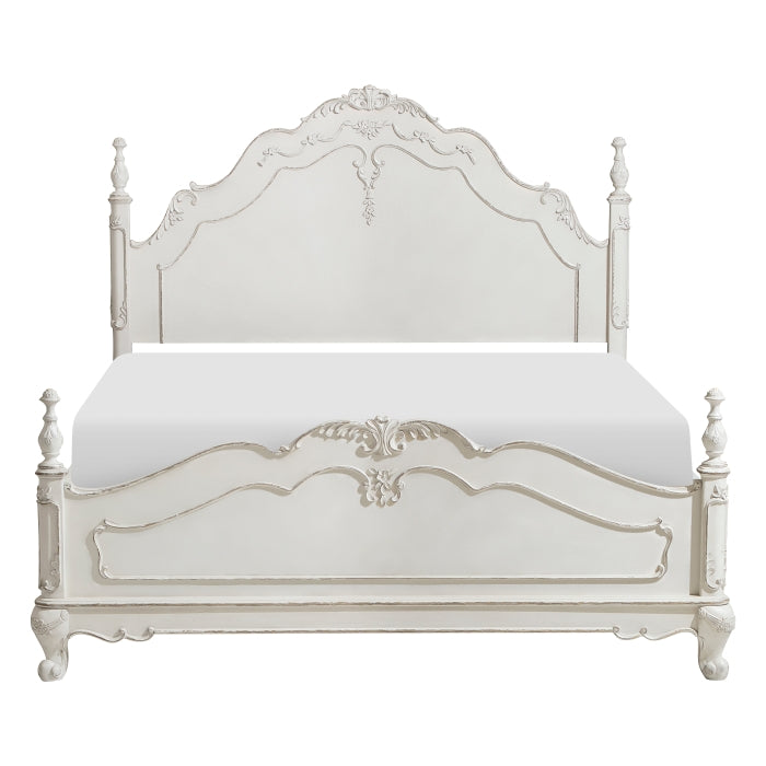 Homelegance Cinderella Antique White & Grey Rub-Through Finish Wood Queen 4 Pc Bed Poster Set – 1386NW-4PC
