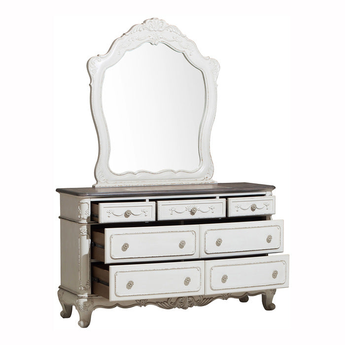 Homelegance Cinderella Antique White & Grey Rub-Through Finish Wood Queen 4 Pc Bed Poster Set – 1386NW-4PC