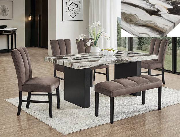 1420T-6PC 6 pc Vega black finish wood and multi tone faux marble top dining table set with bench