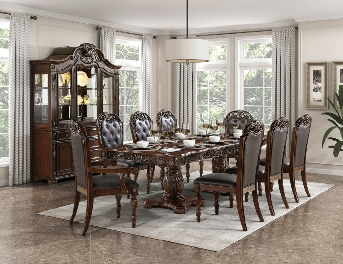 Homelegance 1468-108  7 pc Adelina cherry finish wood double pedestal carved ornate accents dining table set