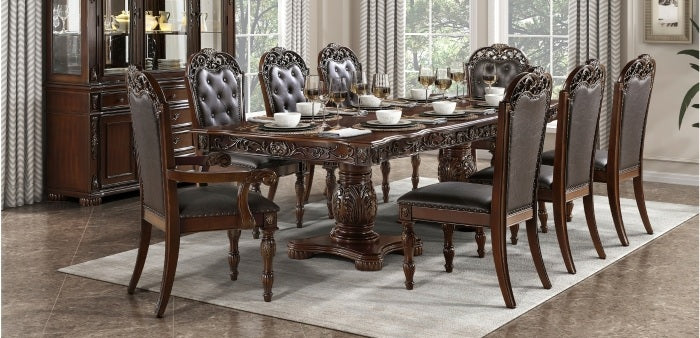 Homelegance 1468-108  7 pc Adelina cherry finish wood double pedestal carved ornate accents dining table set