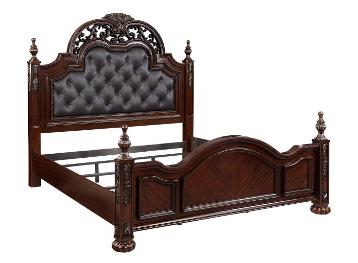 Homelegance 1468-4PC 4 pc Adelina cherry finish wood button tufted faux leather ornate crown queen bedroom set