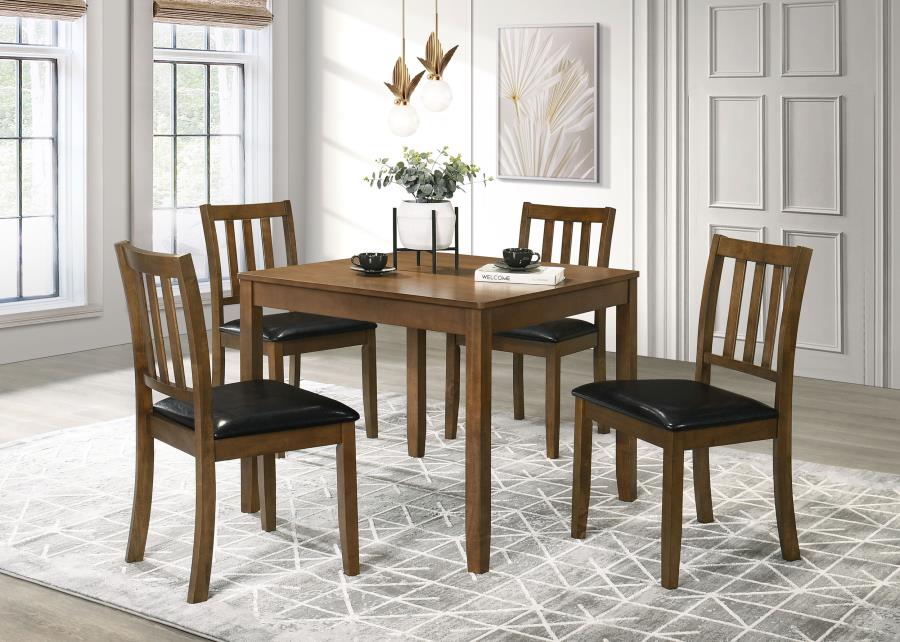 Coaster 150400 5 pc Parkwood honey brown finish wood dining table set black faux leather seats