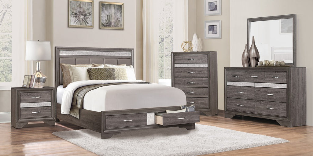 Homelegance 1505-4PC 4 p Luster wood grain grey finish wood paneled style queen bedroom set glitter accents
