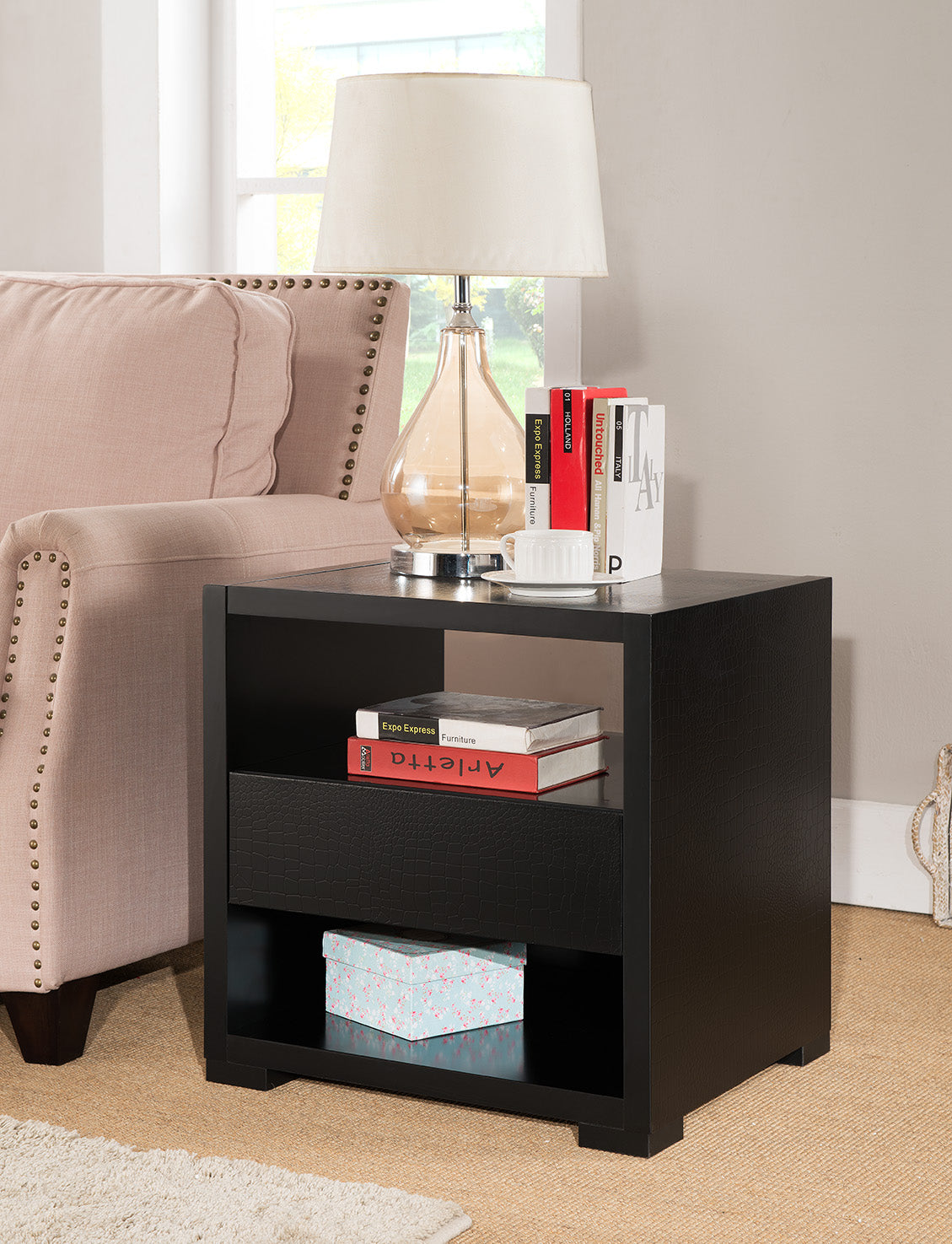 151278ET  Faux crocodile black finish wood chair side accent end table with drawer and lower shelf