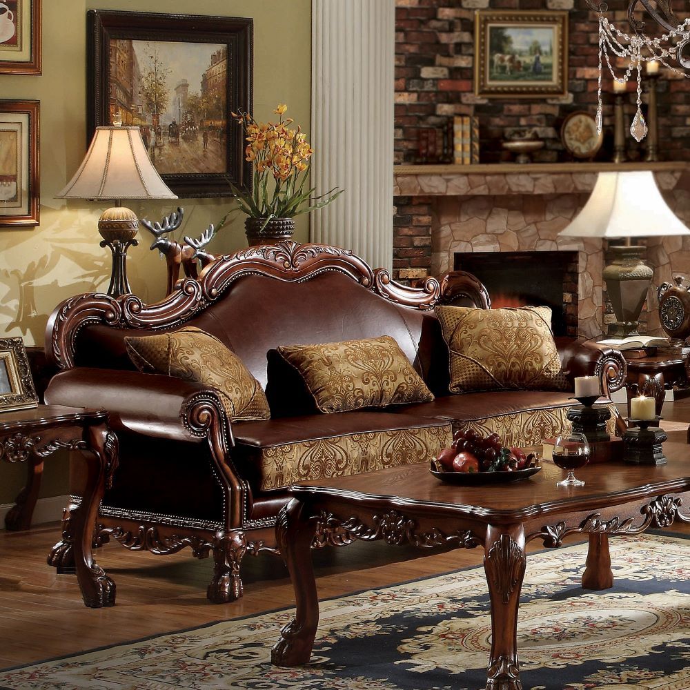 Acme 15160-61 2 pc Astoria grand bethnal dresden cherry oak finish wood fabric and faux leather sofa and love seat set