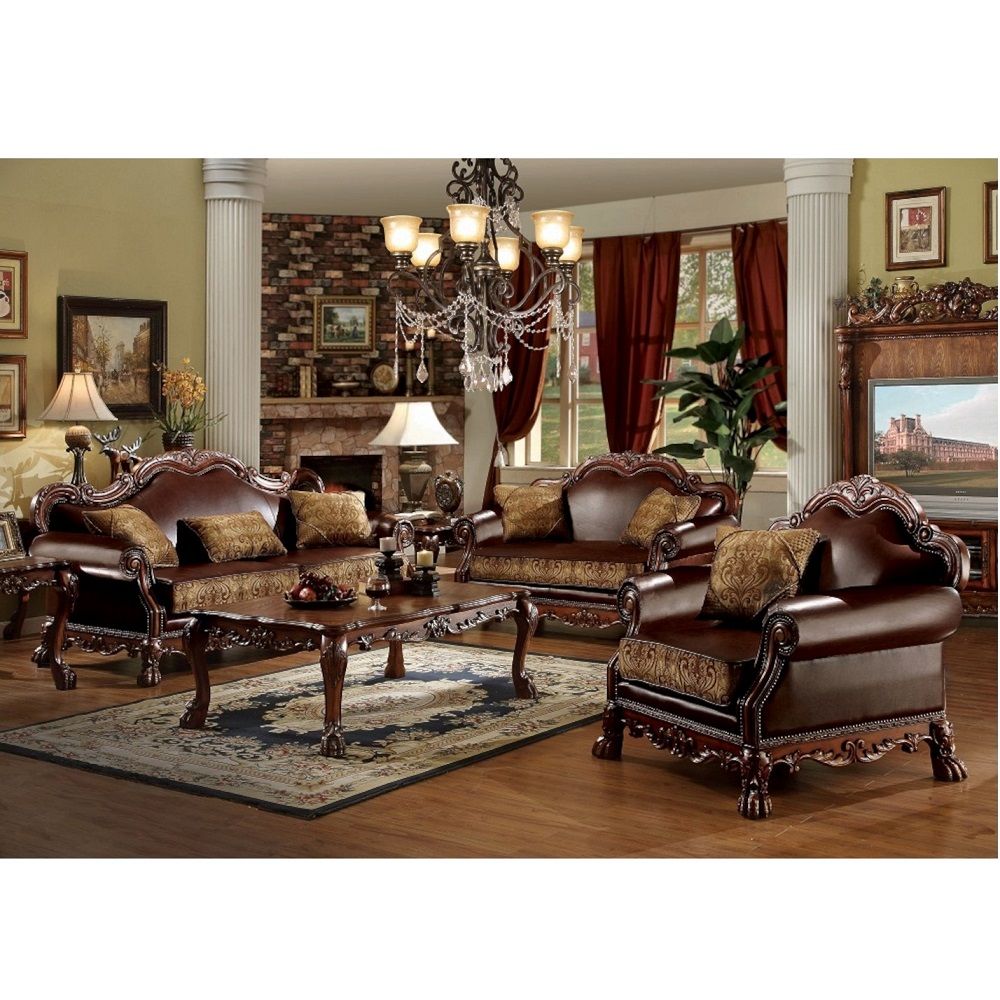 Acme 15160-61 2 pc Astoria grand bethnal dresden cherry oak finish wood fabric and faux leather sofa and love seat set